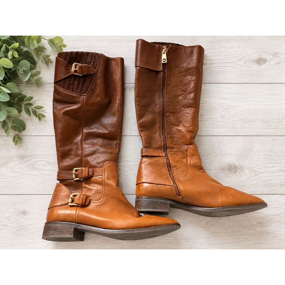 Michael Kors Preston Tall Riding Boots Brown Leather Knee High Buckle 10M